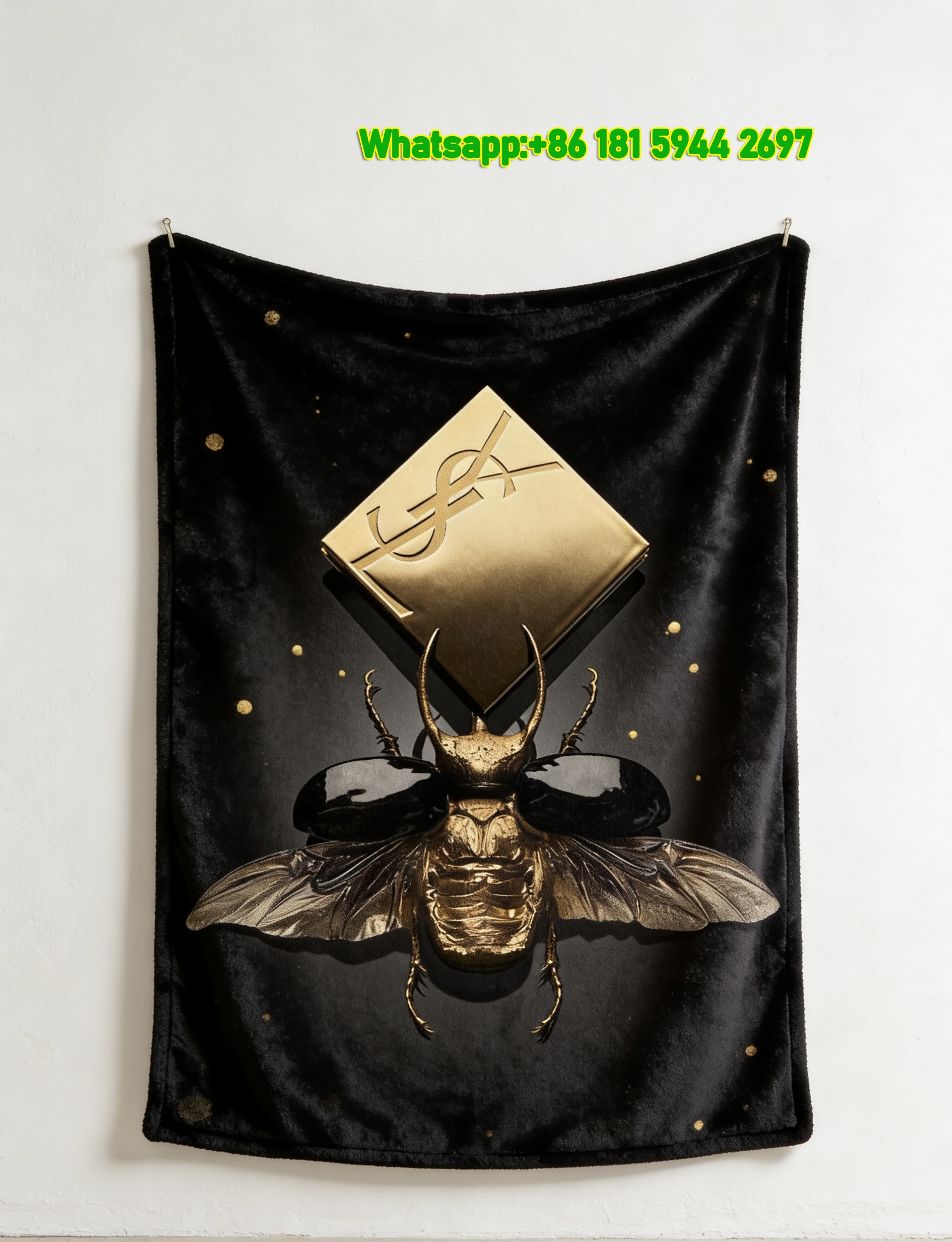 Yves Saint Laurent YSL Black and Gold Scarab Beetle Logo Print Flannel Throw Blanket IMG_3277